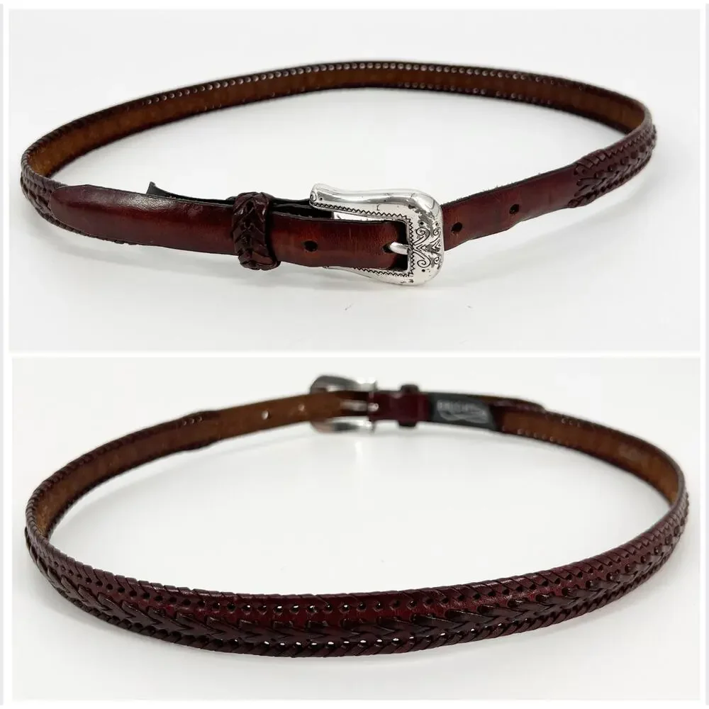 Vtg Y2k Brighton Whip Stitch Belt Women M 32 Dark Brown Leather Silver Buckle